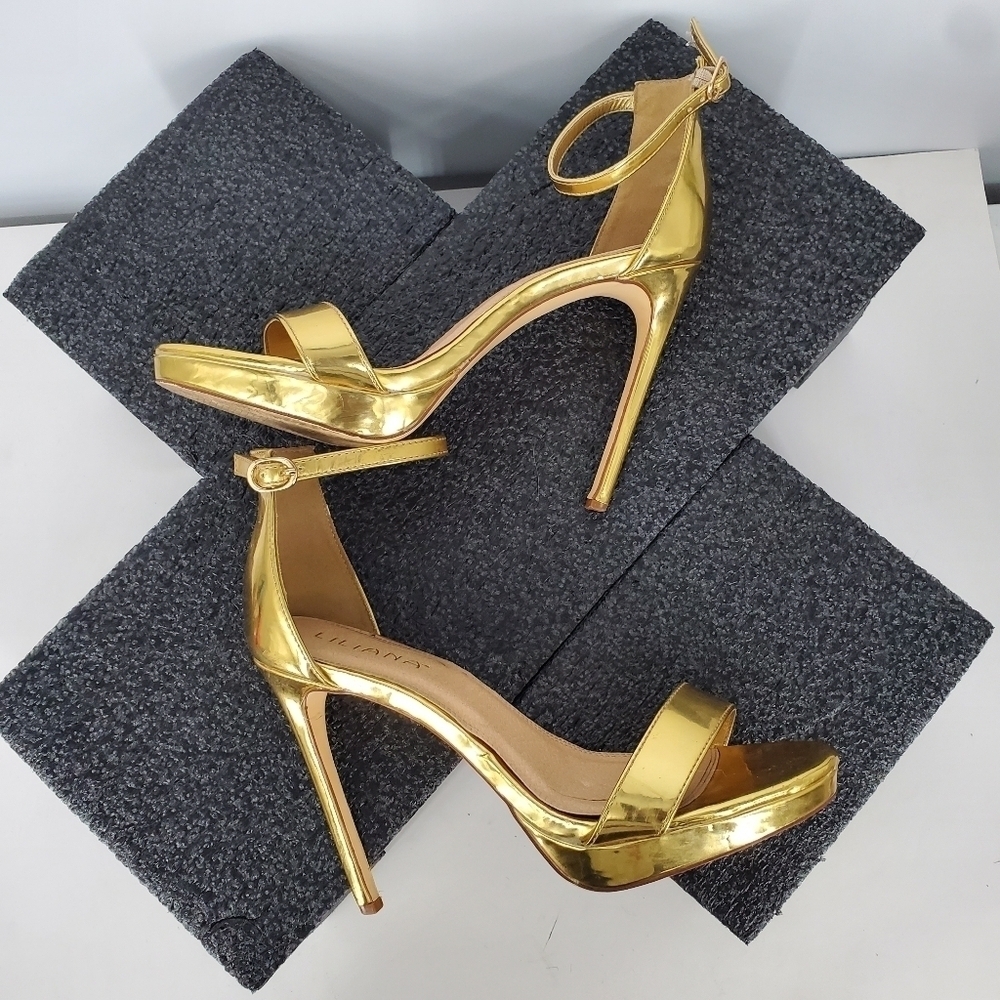Liliana Metallic Gold Ankle-Strap Stiletto Heels - Picture 10 of 13